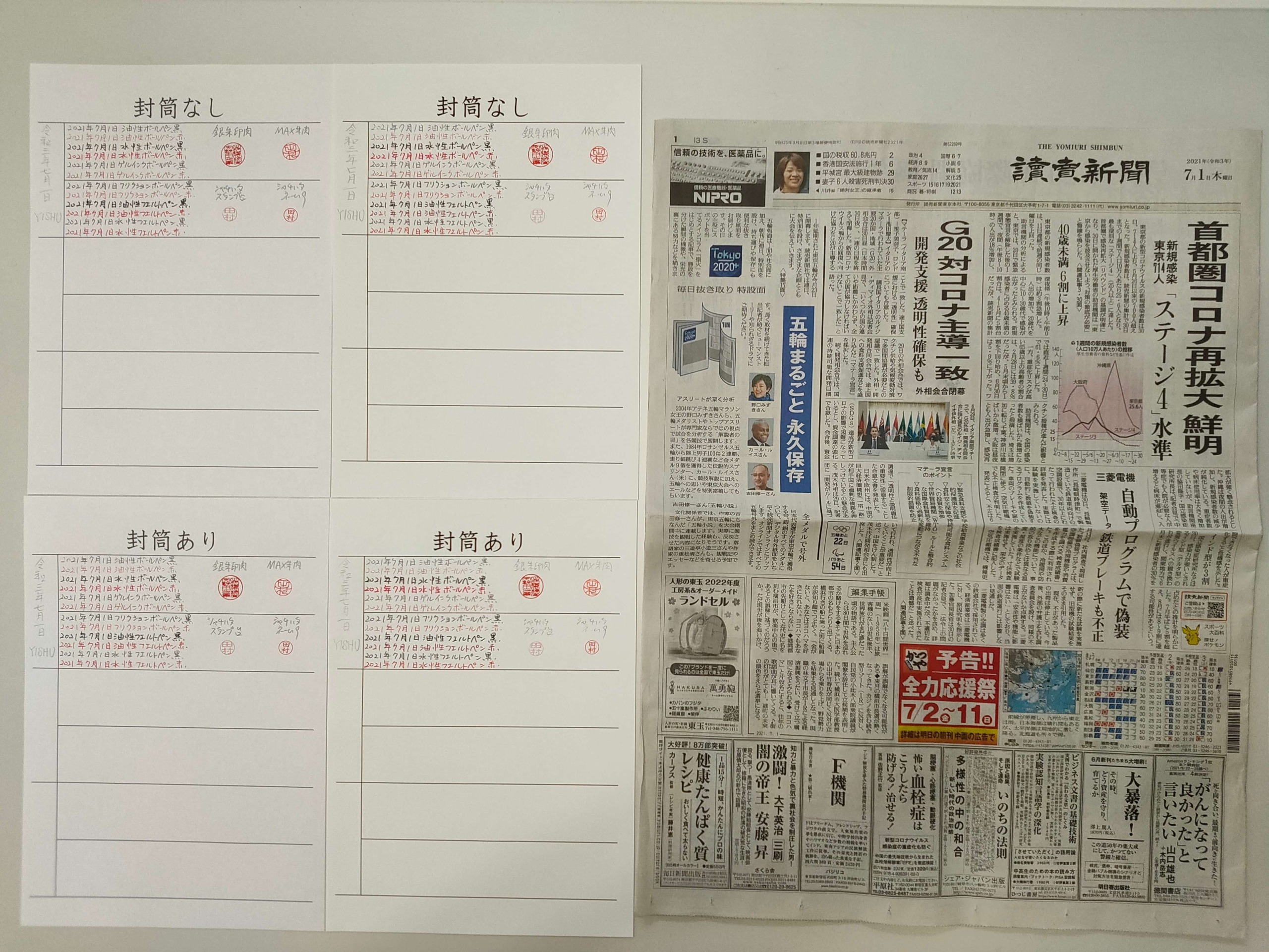筆跡鑑定と印章鑑定の研究用試料の作成:2021年7月1日