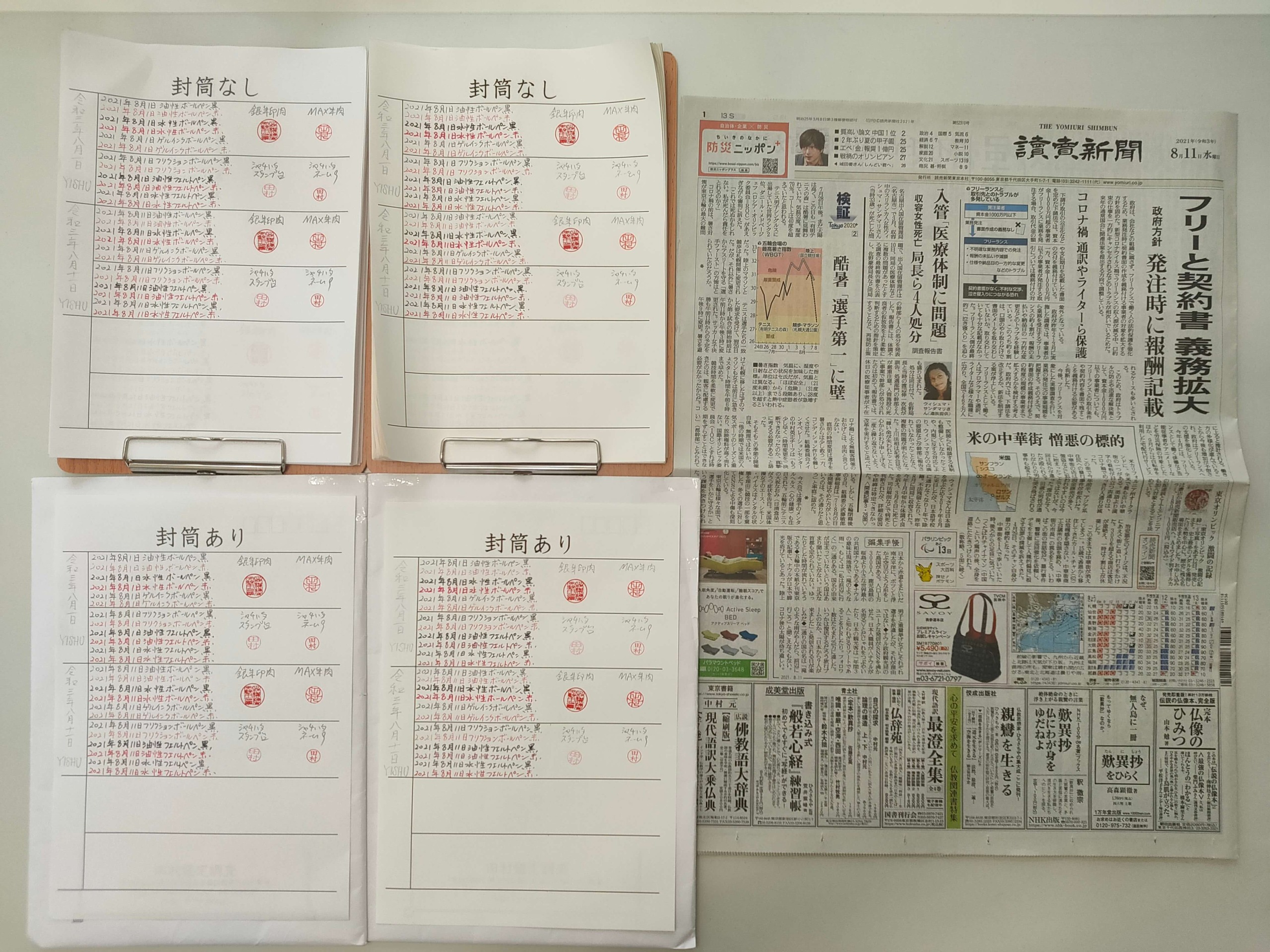 筆跡鑑定と印章鑑定の研究用試料の作成:2021年8月11日