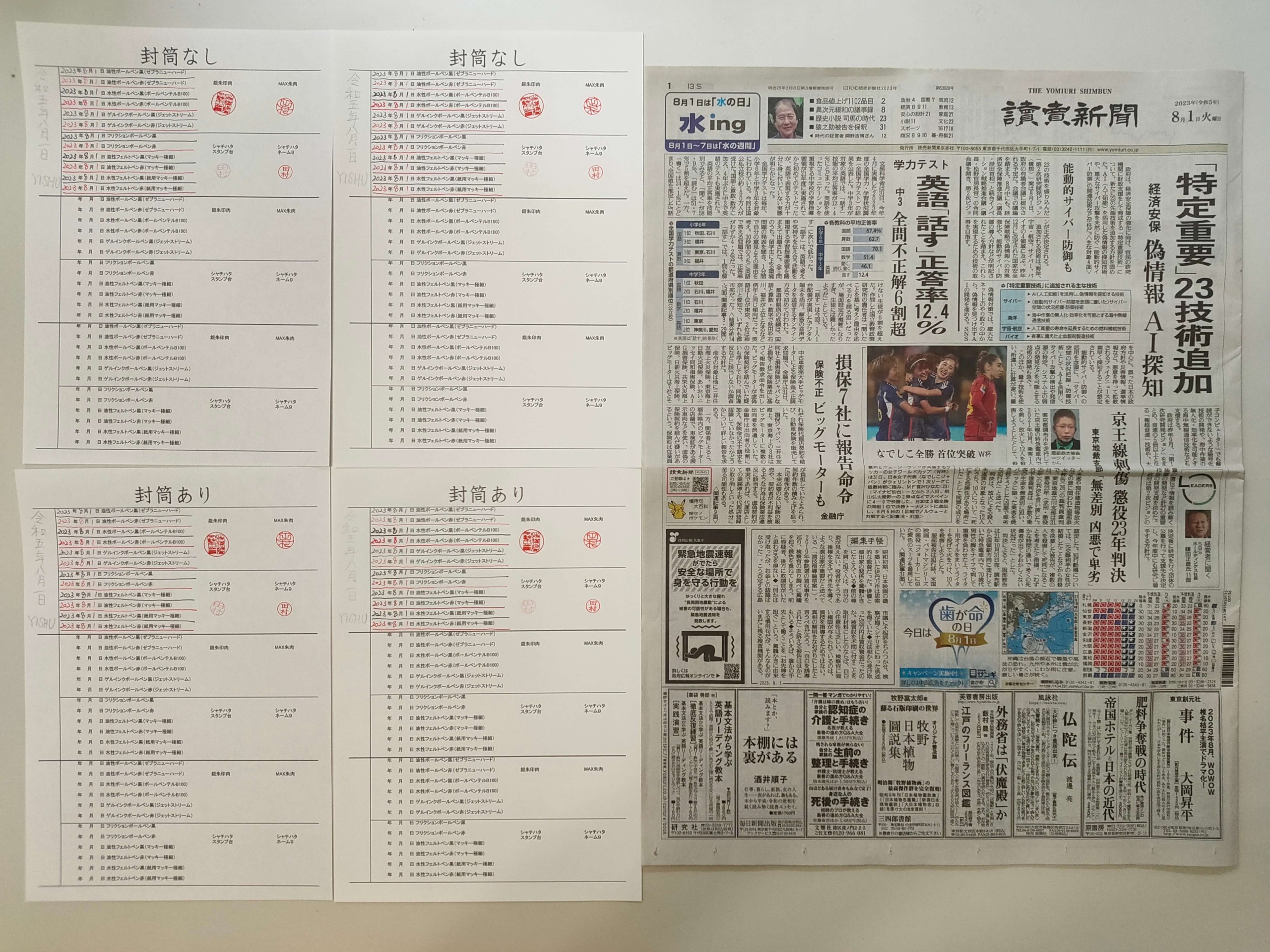 筆跡鑑定と印章鑑定の研究用試料の作成:2023年8月1日