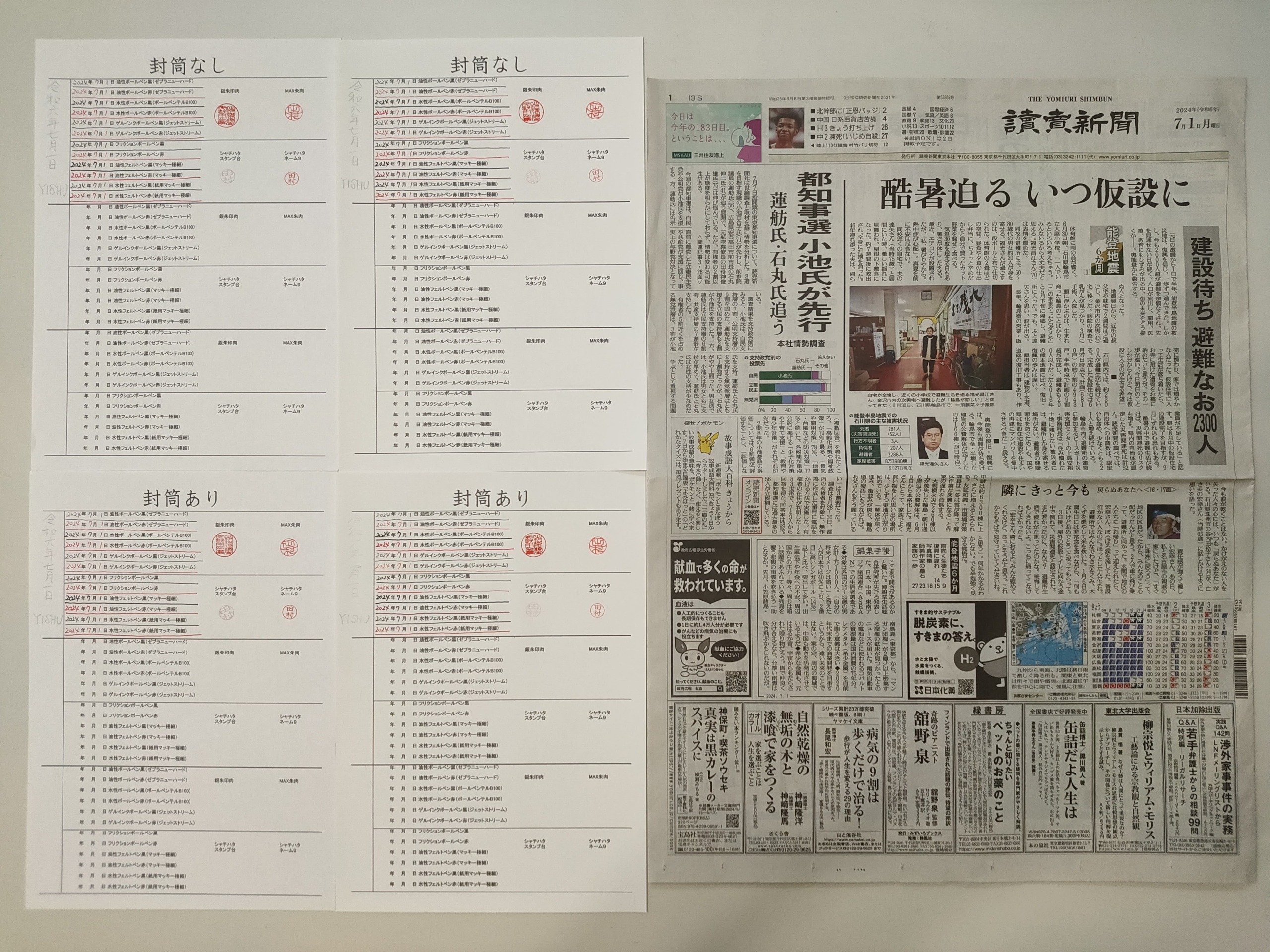 筆跡鑑定と印章鑑定の研究用試料の作成:2024年7月1日