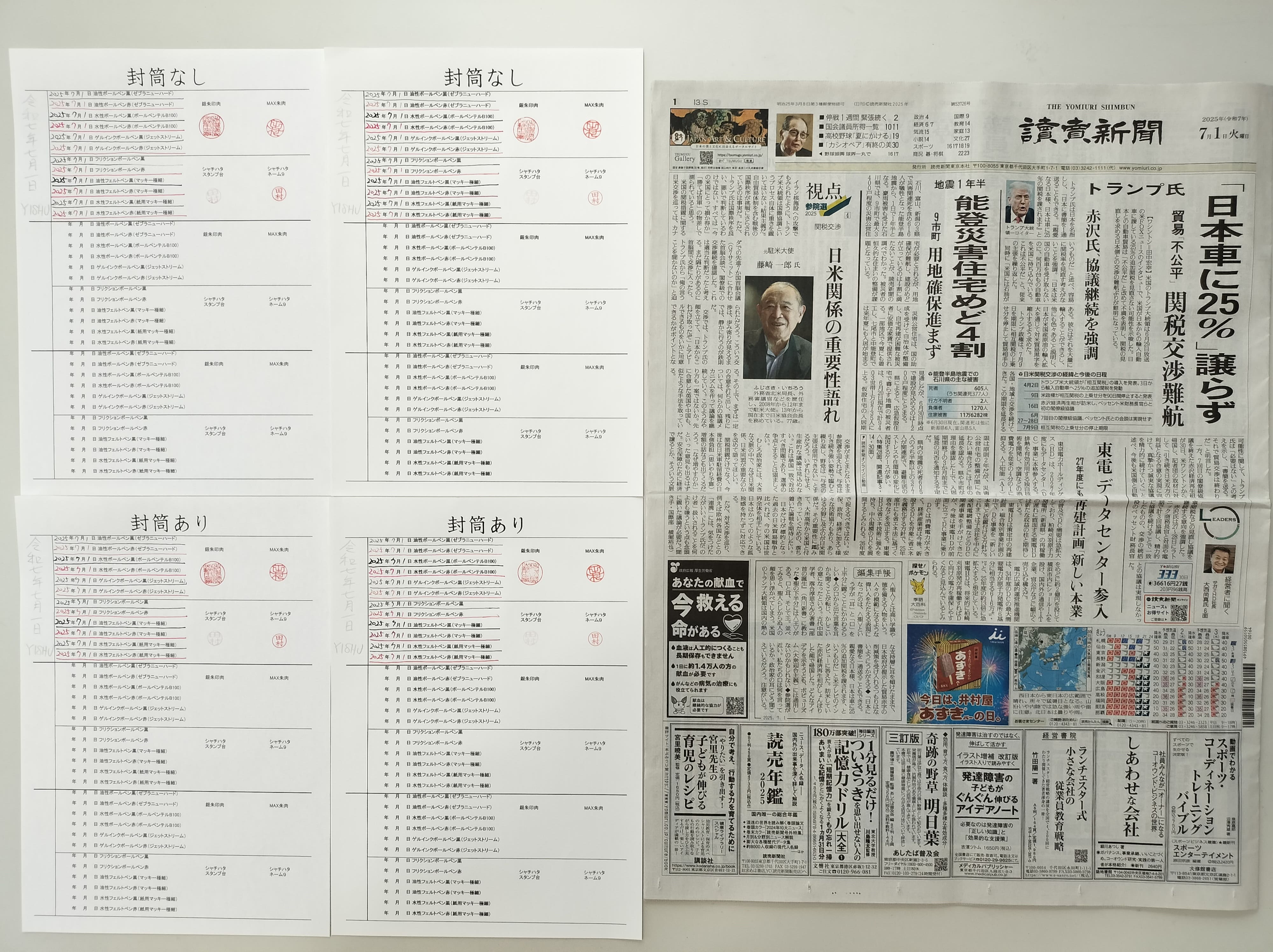 筆跡鑑定と印章鑑定の研究用試料の作成:2025年7月1日